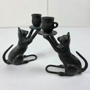 Vintage Bronze Cat Candle Holders Pair Figurines Cats Holding Cups Metal Decor